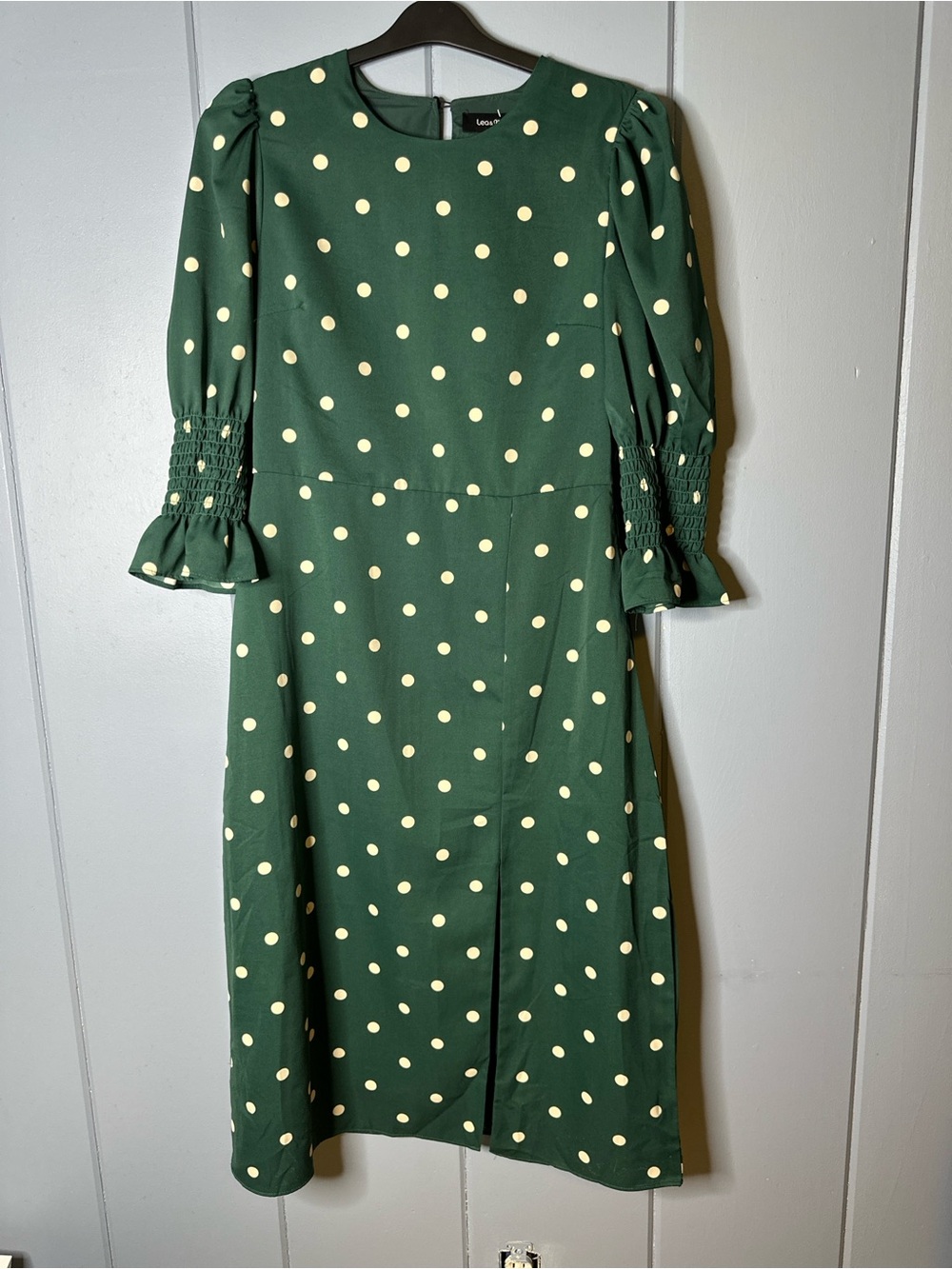 Anthropologie Lea and Viola  Green Polka Dot Midi Dress with Smocked Sleeves